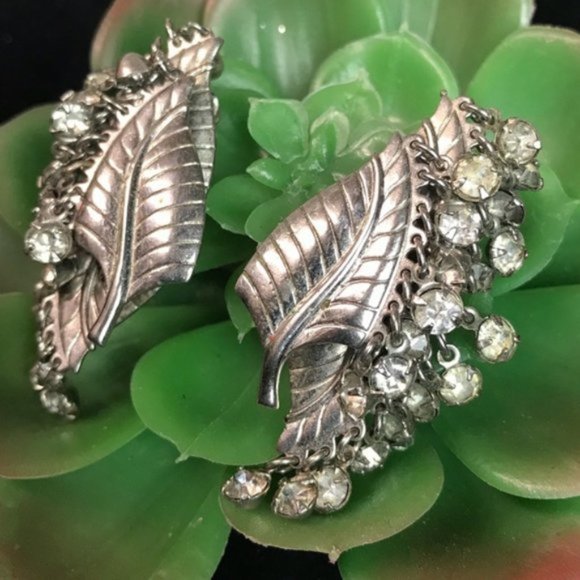 Silver Feather Clip On Earrings with Rhinestones - Picture 8 of 8